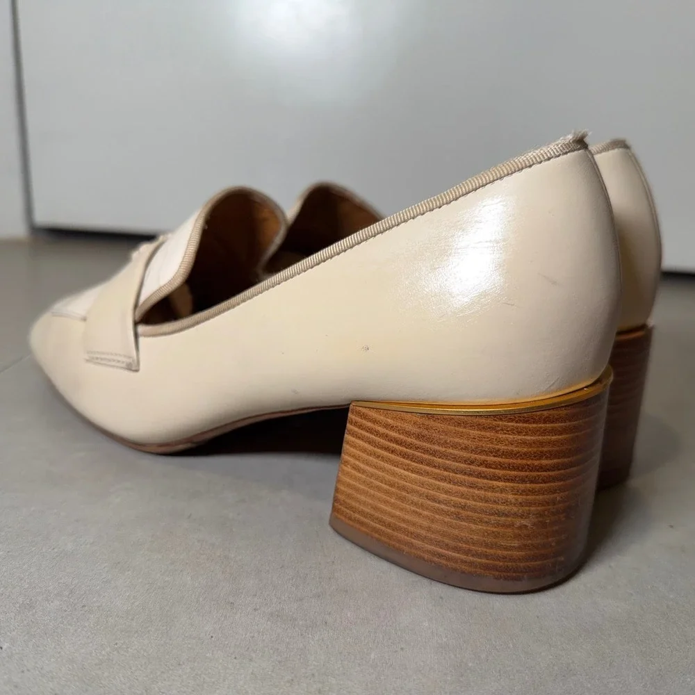 Tory Burch Everly Loafers 8M Cream Leather Block Heel Croc Double T Professional